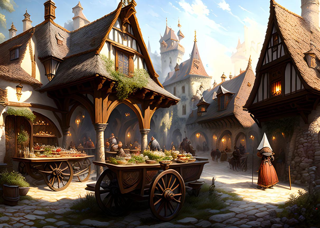 Medieval village scene with cobblestone streets, market stalls, timber-framed houses, and castle