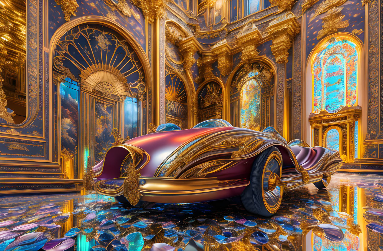 Reflective purple and gold futuristic car in opulent hall