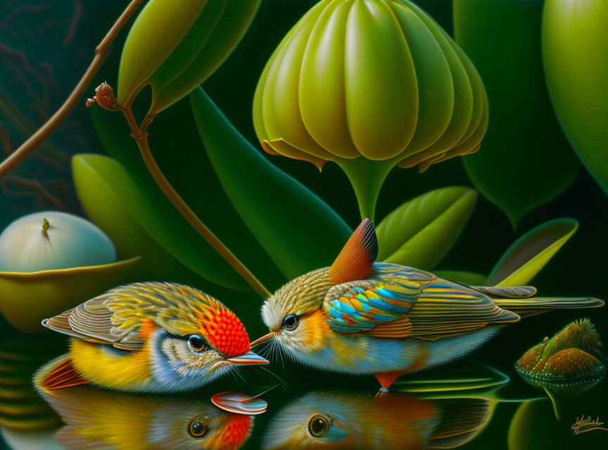 Colorful Stylized Birds Reflecting in Water Surrounded by Leaves and Fruit