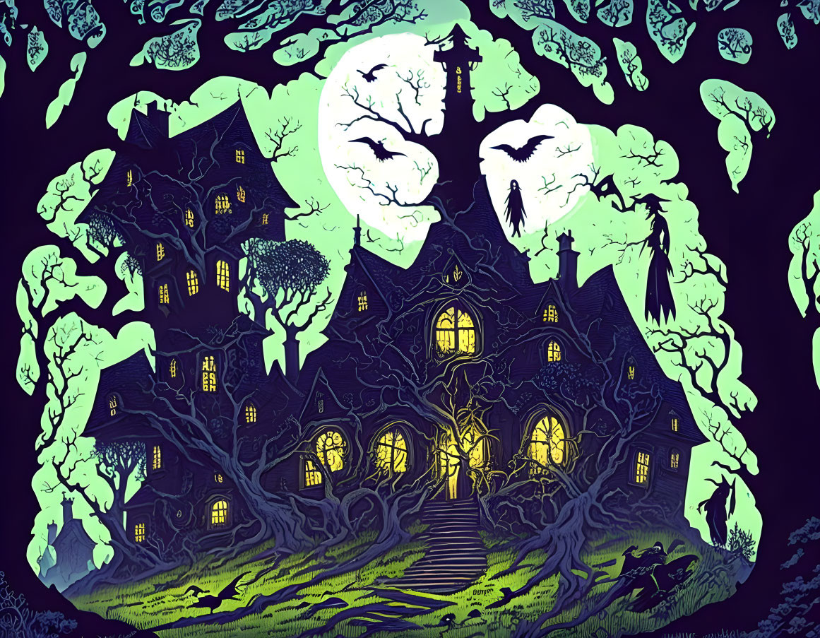 Spooky haunted house illustration with twisting staircase and floating ghosts