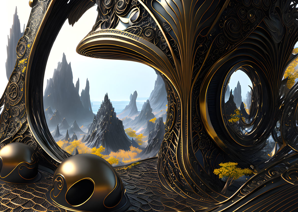 Golden intricate structures in surreal mountain landscape with yellow foliage.