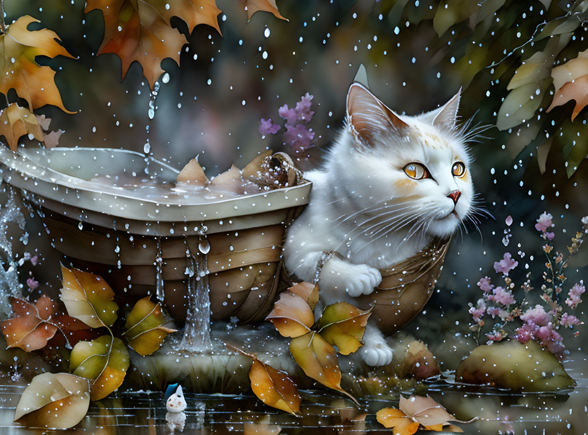 White cat with amber eyes in wooden tub surrounded by falling water, autumn leaves, pink flowers, and