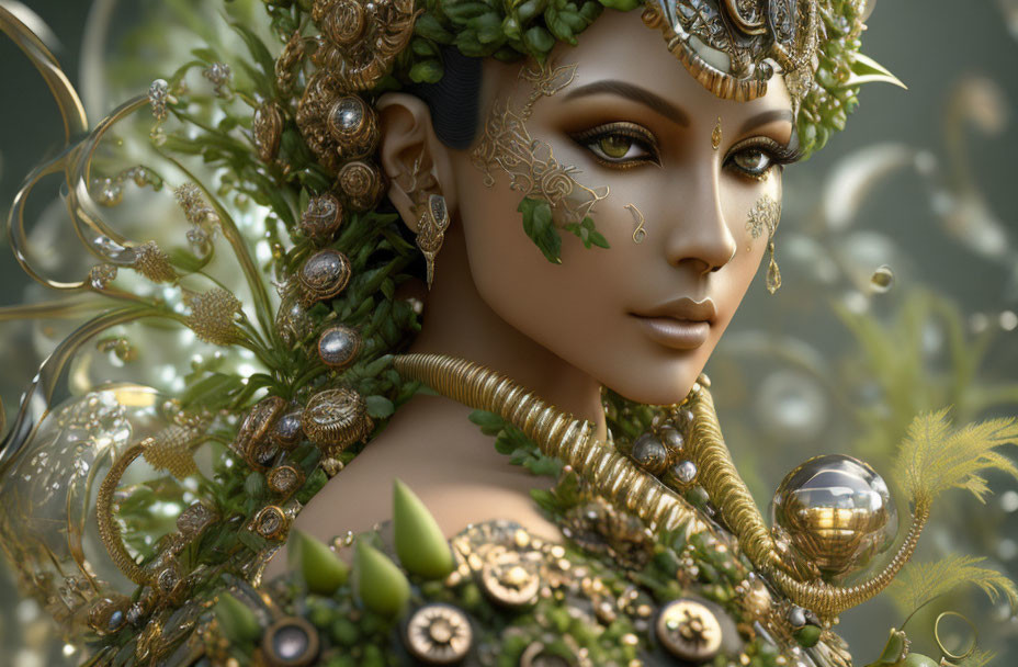 Ornate jewelry adorns woman in nature-inspired artwork