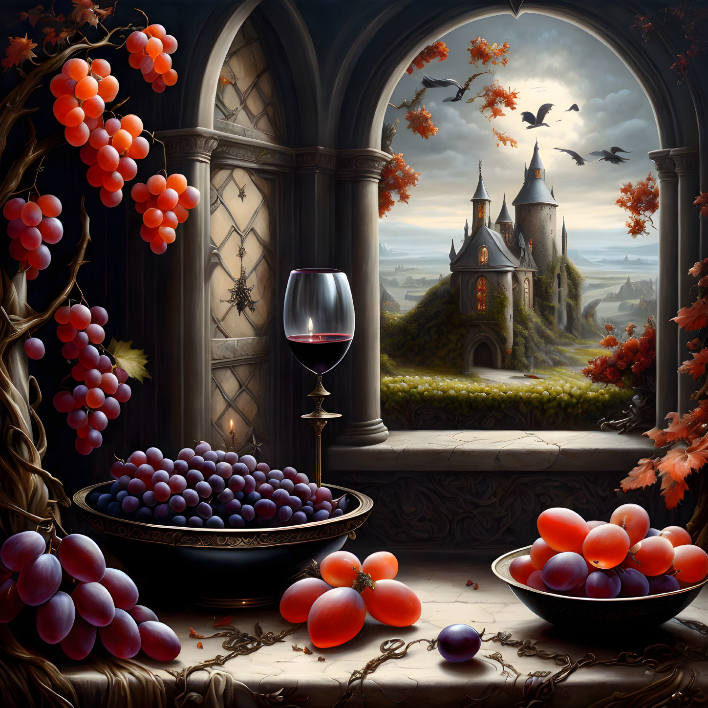 Ripe fruits, red wine, autumnal landscape, castle, birds