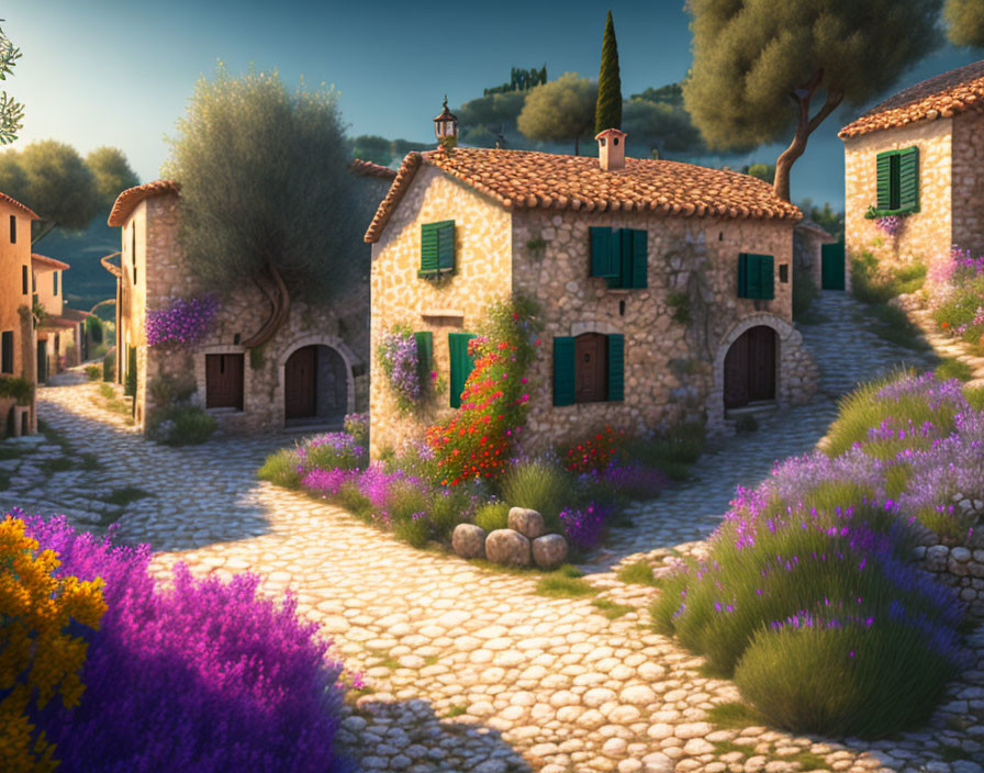 Digital illustration of stone house in Mediterranean village