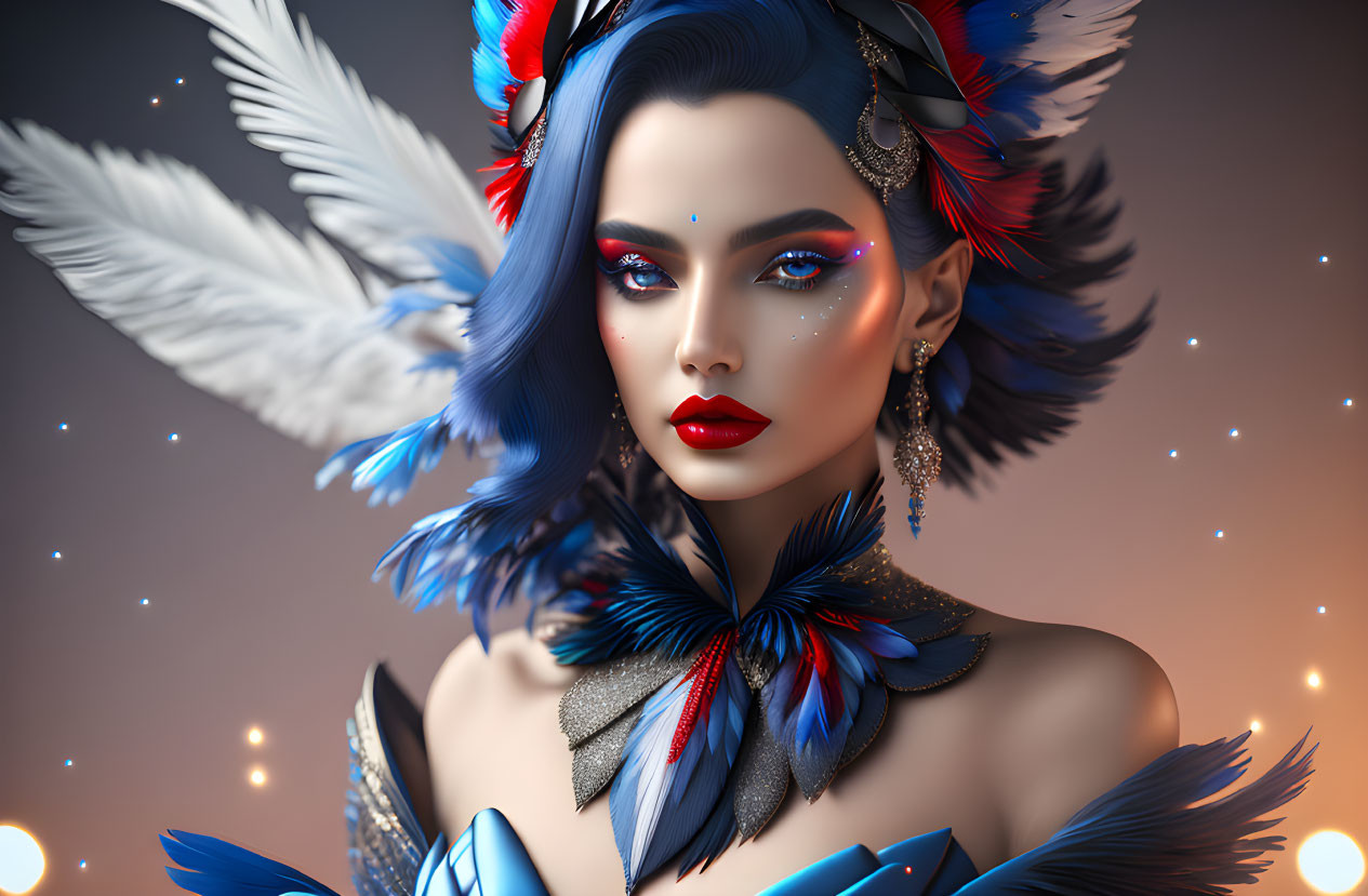 Digital portrait: Woman with blue hair, feathers, red earrings, dramatic makeup, against sparkling brown backdrop