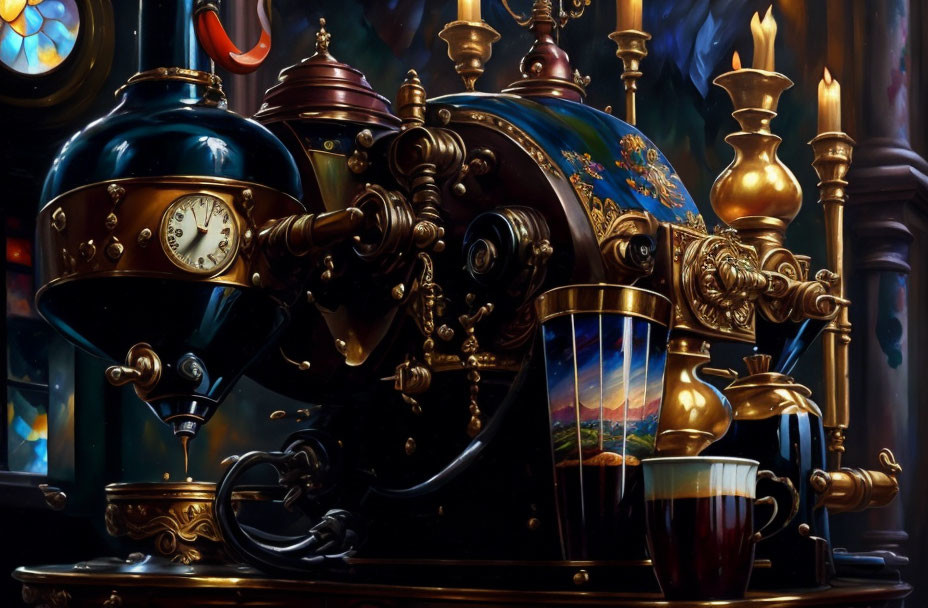 Steampunk-style espresso machine with brass elements and intricate details