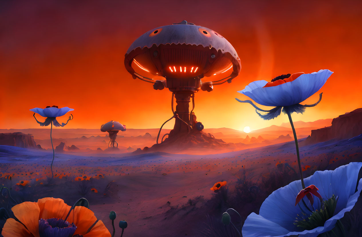 Alien flowers and mushroom-like structures in sci-fi landscape