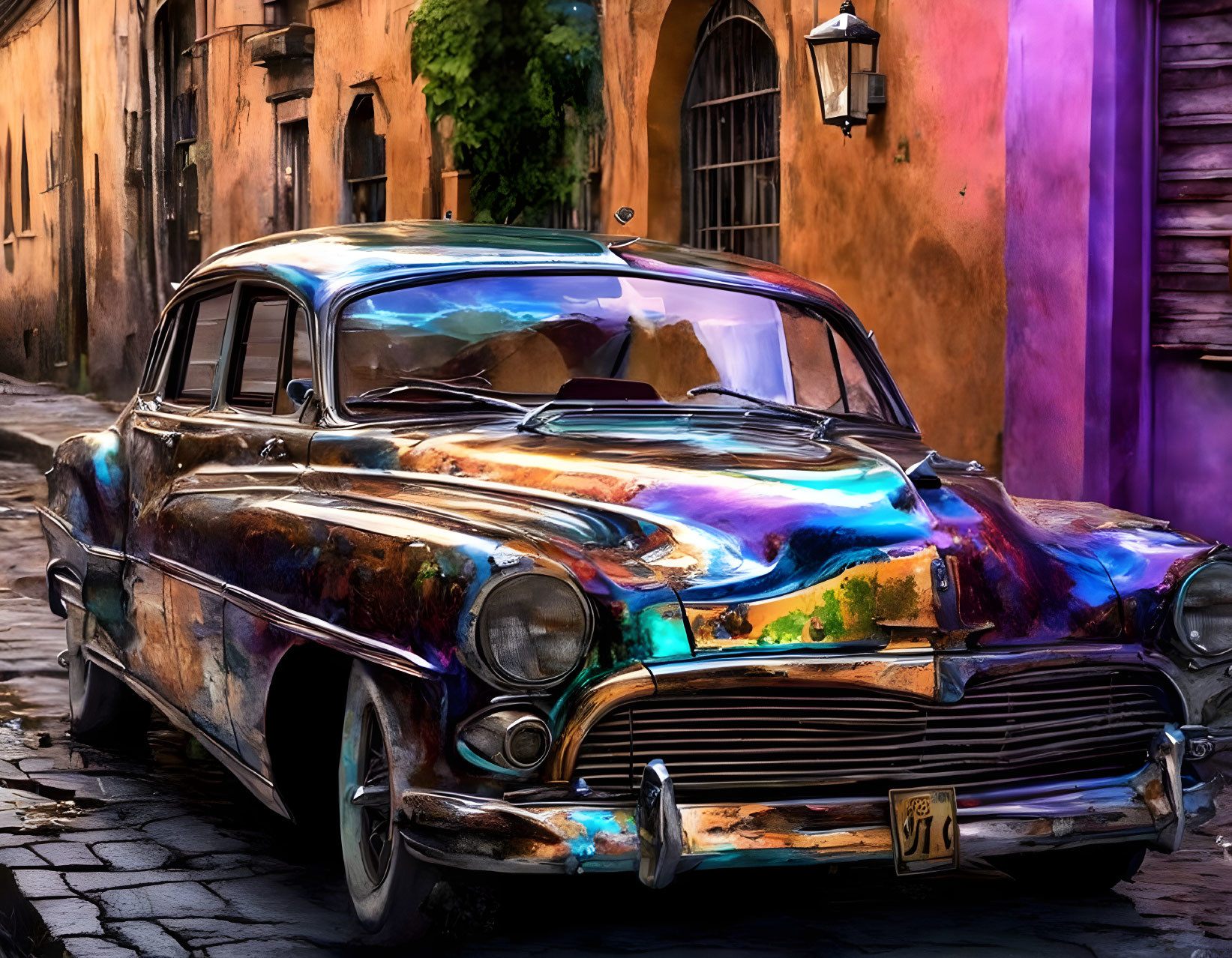 Vibrantly Colored Classic Car on Cobbled Street with Purple Walls