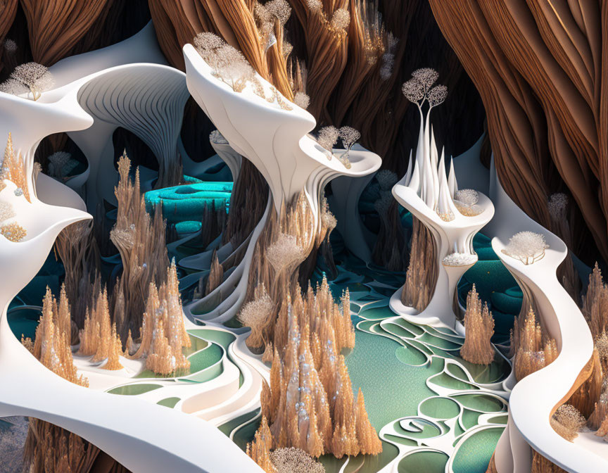 Surreal landscape with white mushroom-like structures and turquoise pools