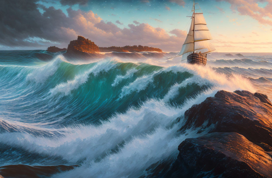 Majestic sailing ship navigating tumultuous ocean waves at sunset