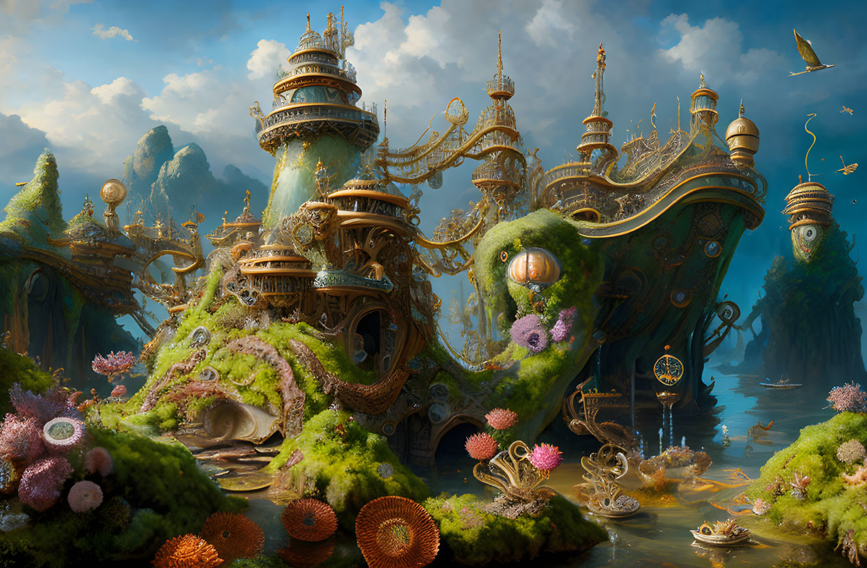 Fantastical landscape with moss-covered towers and floating islands amid golden architecture and lush flora