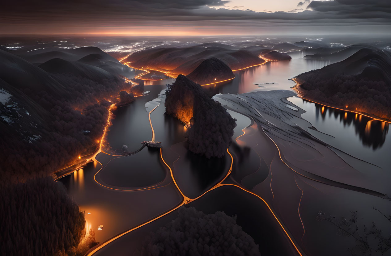 Serpentine River at Night with Illuminated Roads