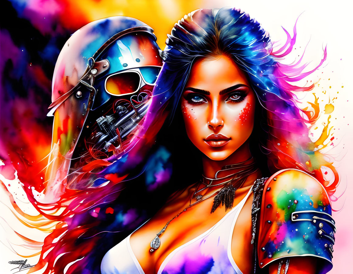 Blue-haired woman with cosmic makeup in futuristic armor against colorful abstract background