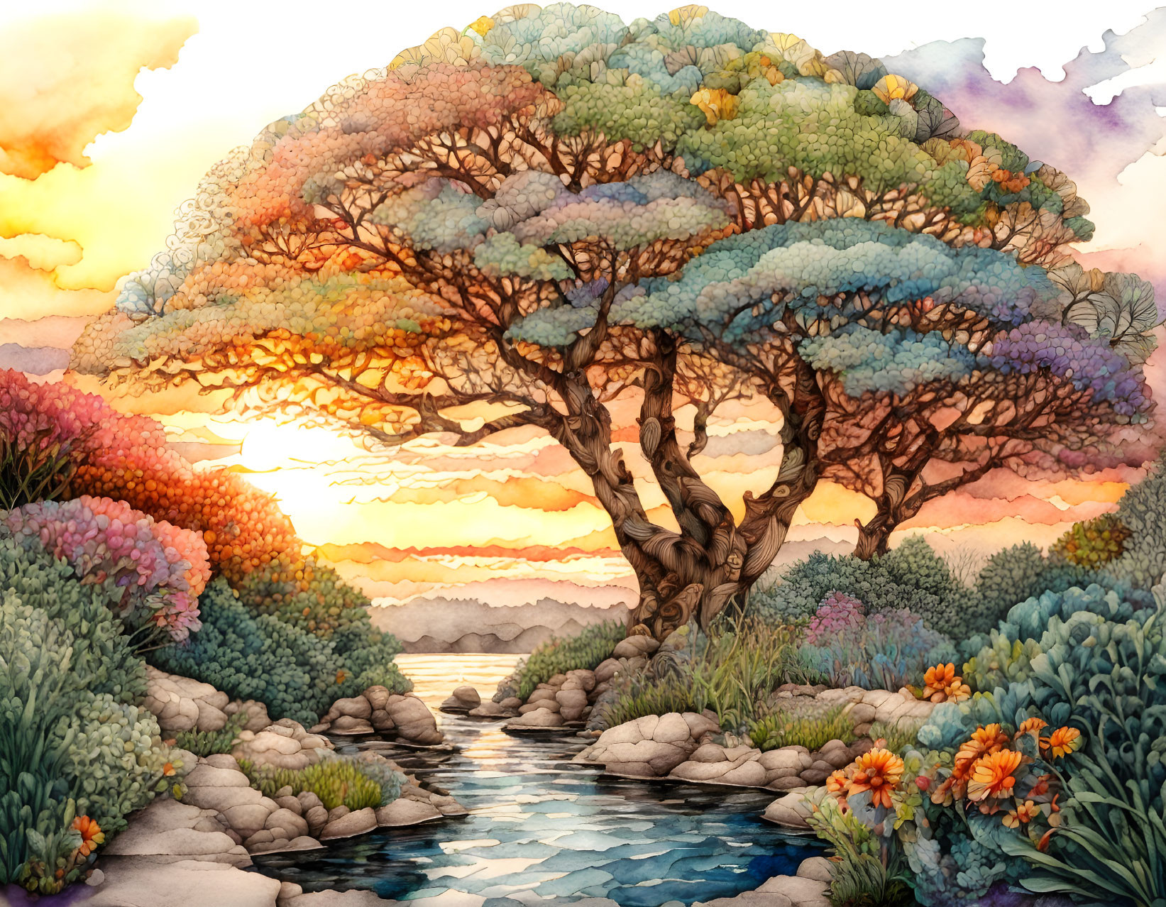 Colorful Watercolor Landscape with Majestic Tree and Stream