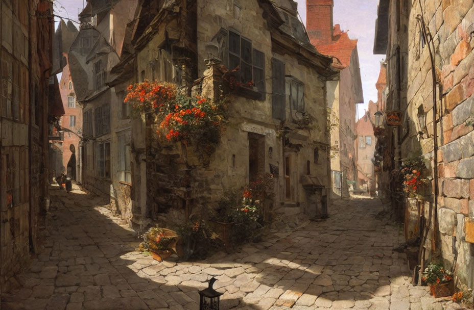 Historic cobbled street with charming houses and red flowers