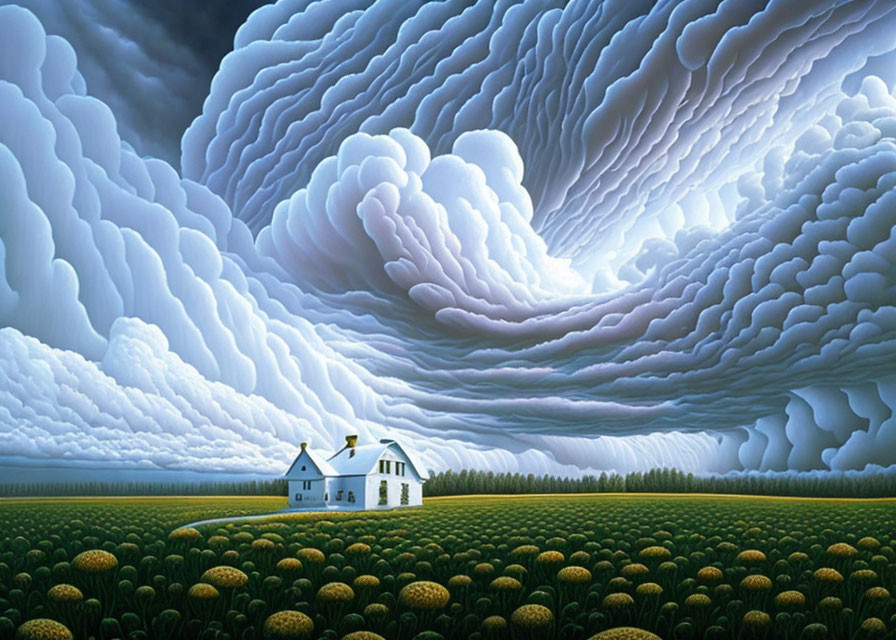 Surreal landscape with sunflowers and house under unique clouds