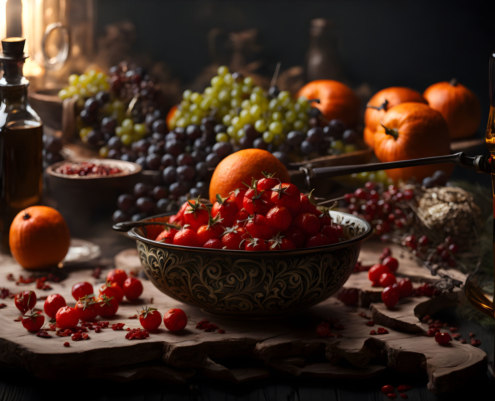 Rustic still life with cherry tomatoes, grapes, oranges, and pomegranate seeds