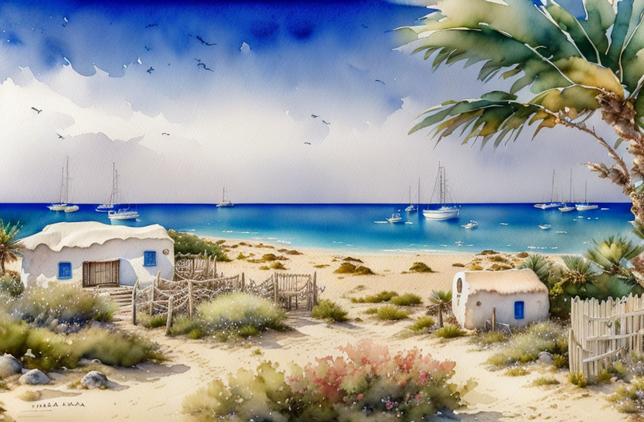 White cottage on sandy beach with palm trees, boats, and flying birds