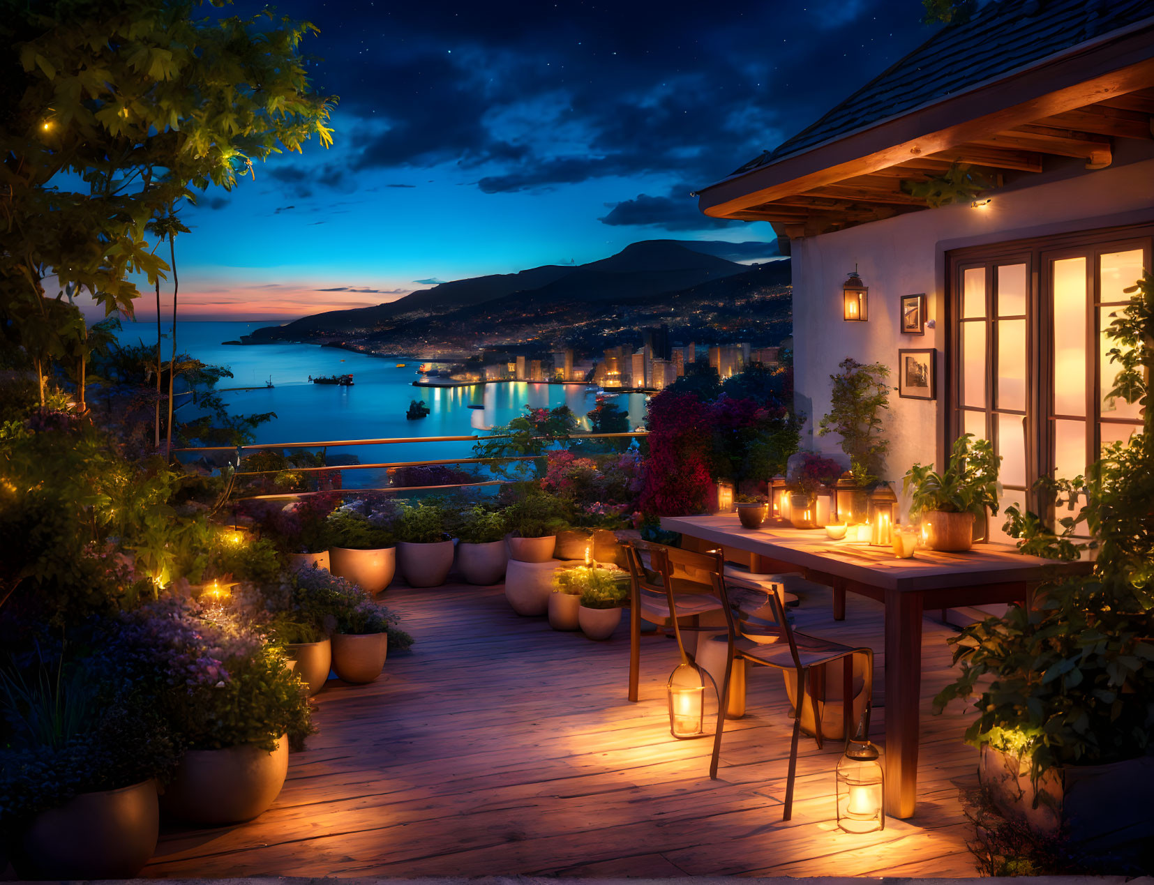 Candlelit terrace overlooking coastal town at night