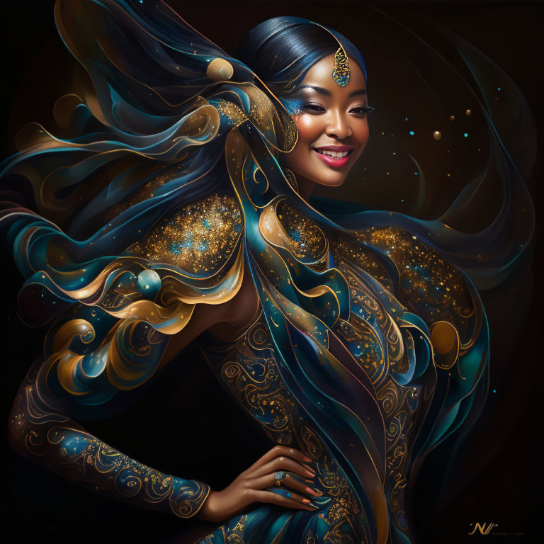 Illustrated woman in ornate cosmic garments with gold accents.