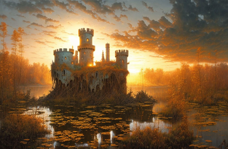 Abandoned castle with overgrown foliage at sunset by calm lake