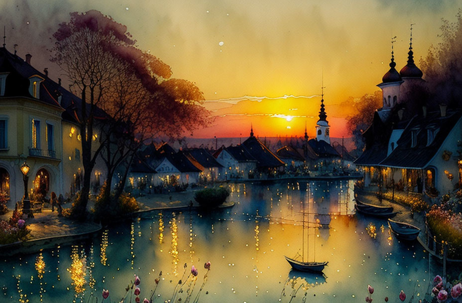 Tranquil town at sunset with glowing streetlights and boats by the water