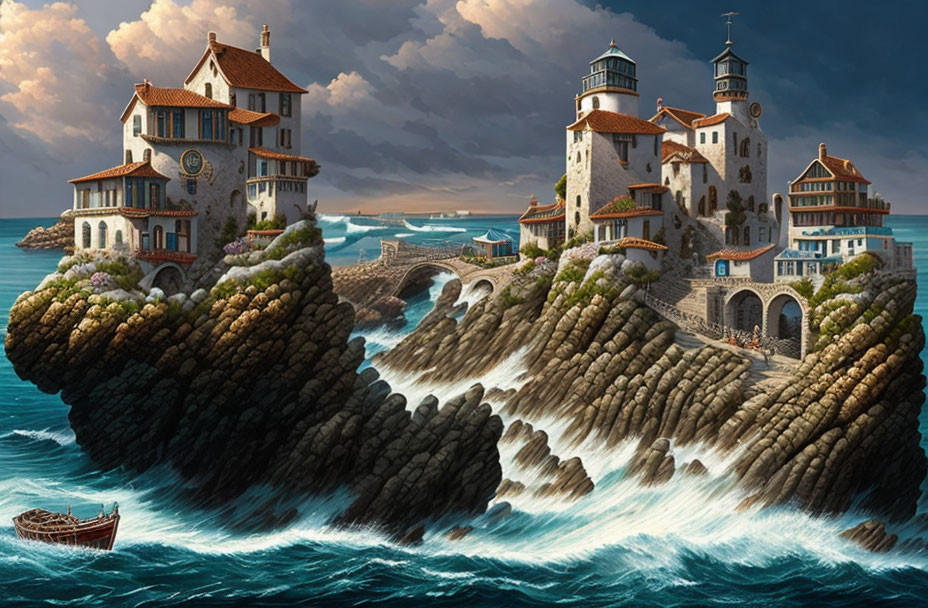 Fantasy coastal scene with stone houses, arched bridges, boat, and dramatic sky.