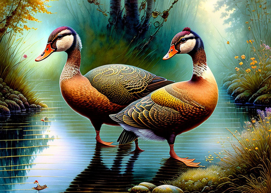 Vibrantly colored ducks in lush green landscape by water's edge