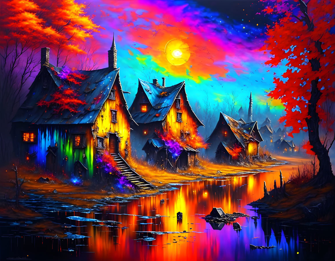 Colorful digital artwork: Mystical village with autumnal trees, glowing houses, moonlit sky,