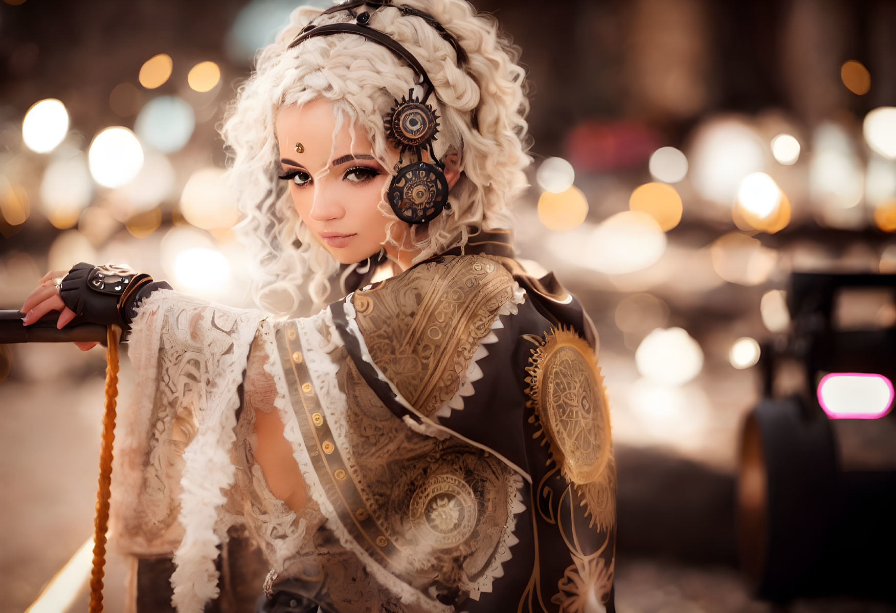 White Curly-Haired Person in Steampunk Outfit with Cogwheel Accessories on Bokeh