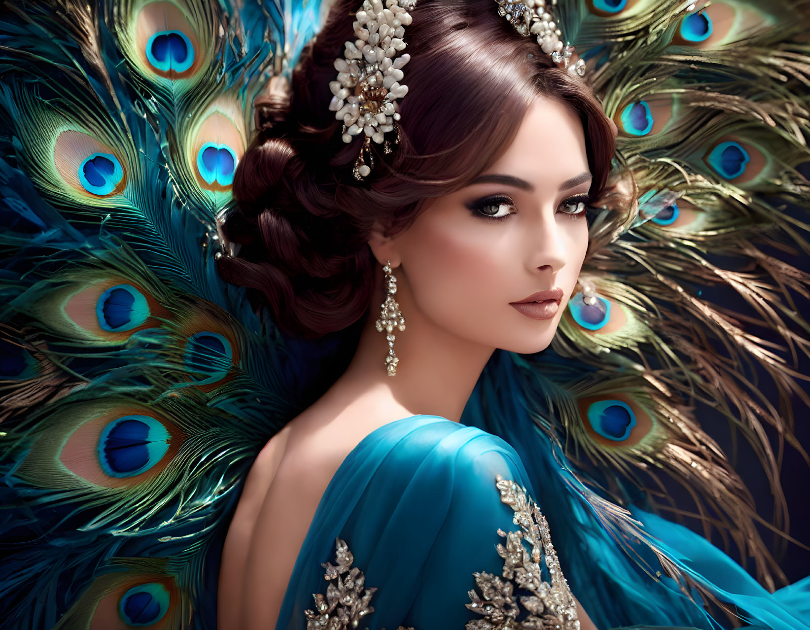 Elaborate Peacock Feather Headdress and Blue Attire Woman Portrait