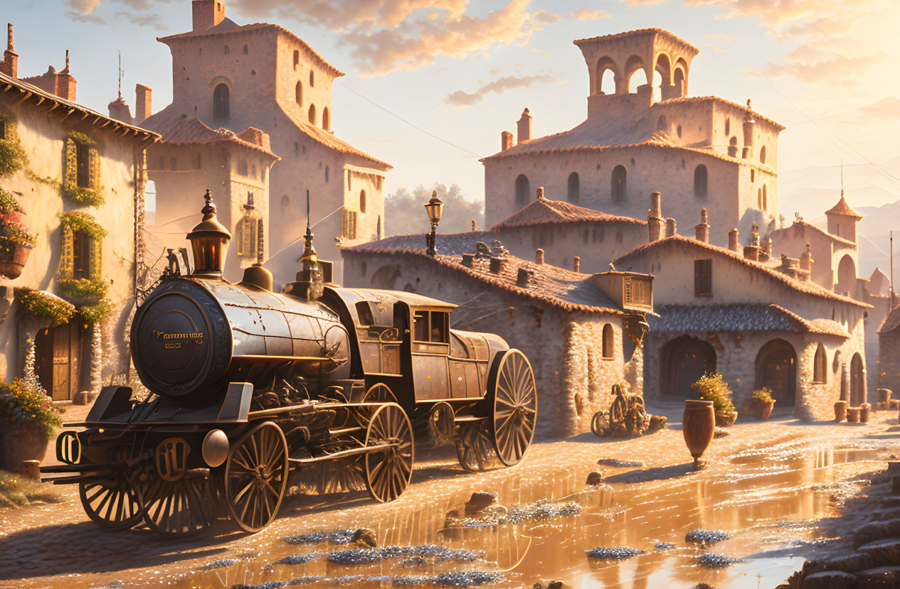 Vintage steam locomotive on cobblestone tracks near Italian-style buildings