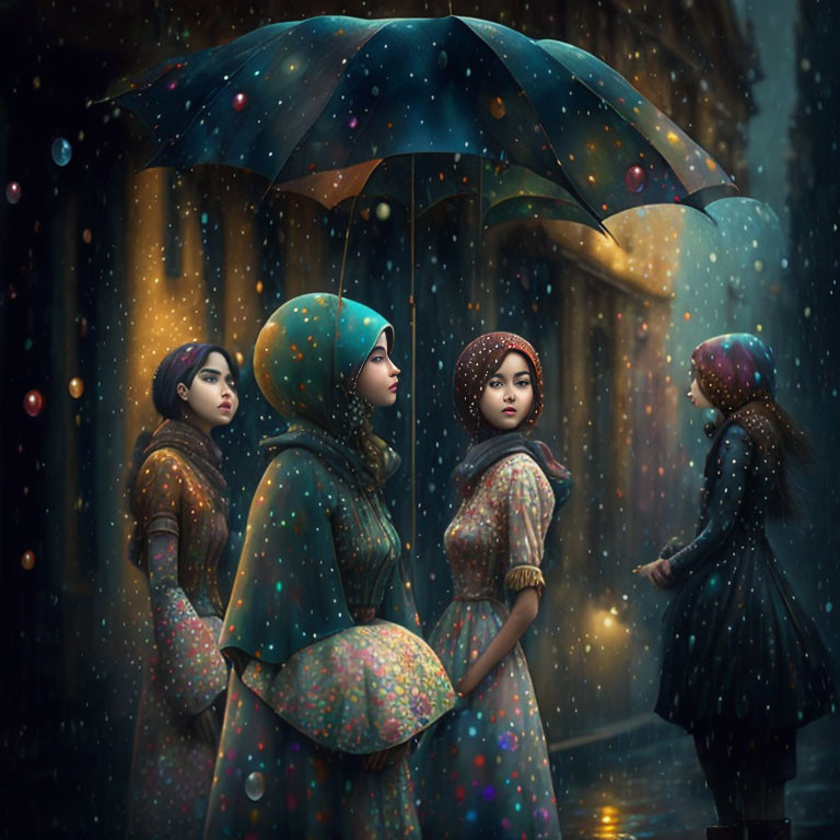 Four Women in Hijabs Sharing Umbrella in Rainy Night Street