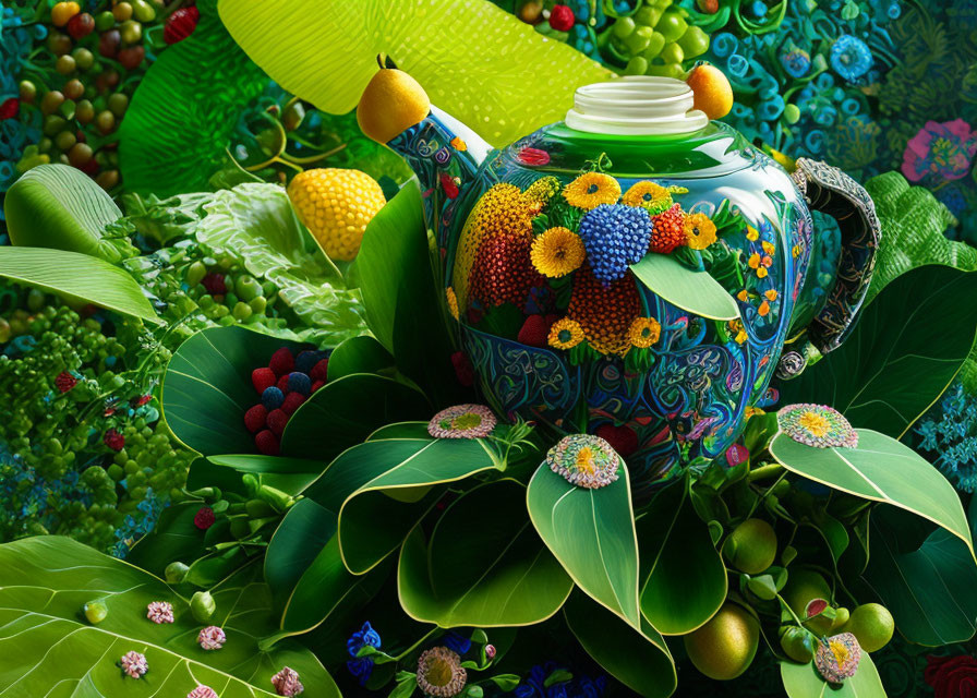 Colorful Floral Patterned Teapot Surrounded by Fruits and Greenery