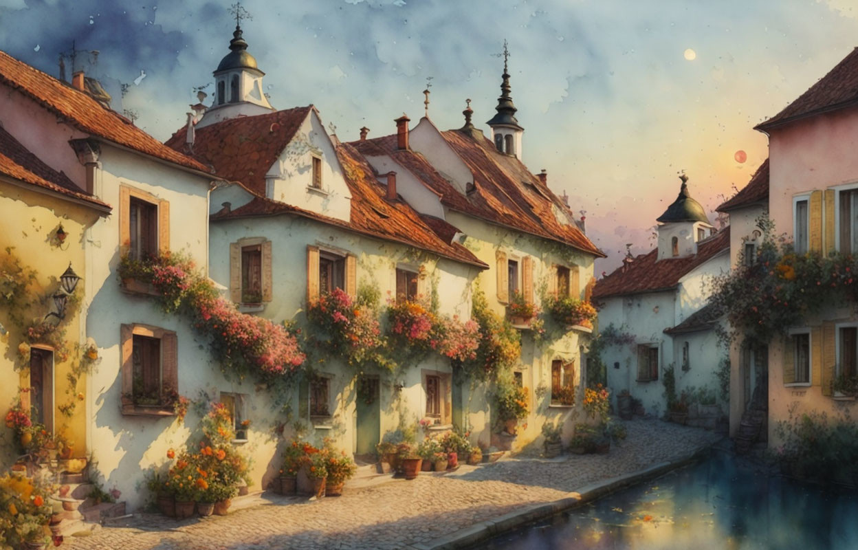 Historic European street at sunset with flower-adorned facades and reflective canal