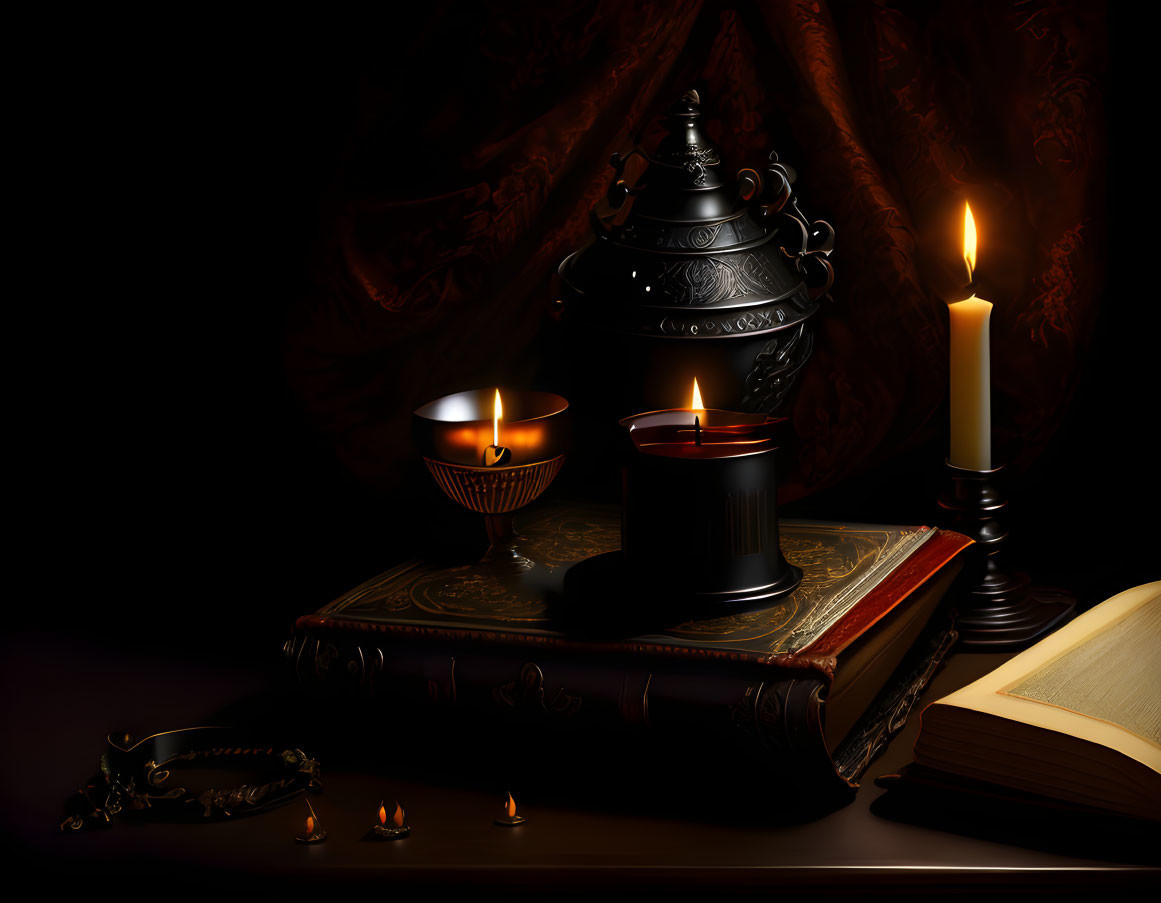 Still-life arrangement with lit candle, black urn, candle holder, closed ornate book, and beads