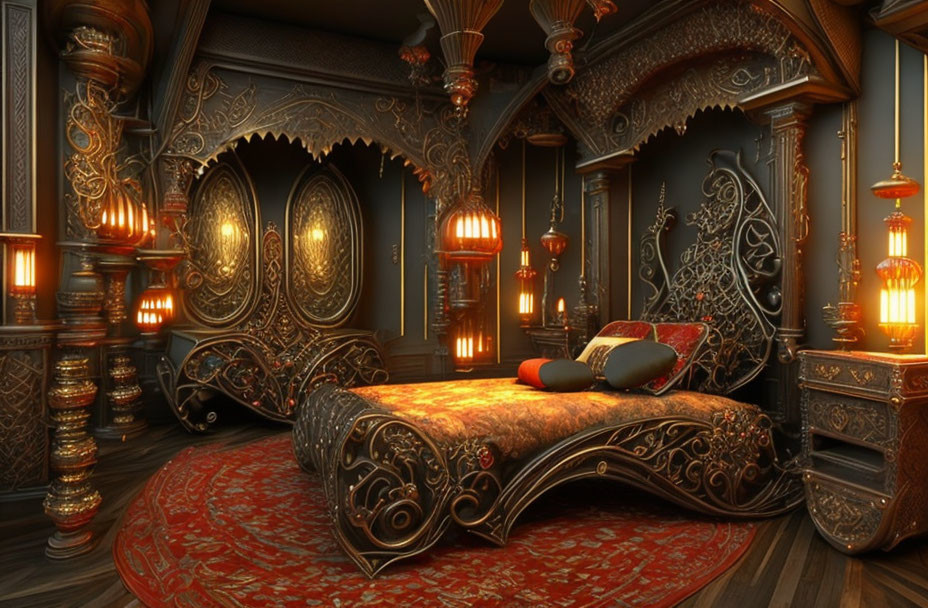 Intricate Carved Bed and Gothic Decor in Ornate Bedroom