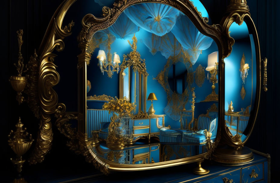 Opulent Blue and Gold Bedroom Interior with Ornate Golden Mirror