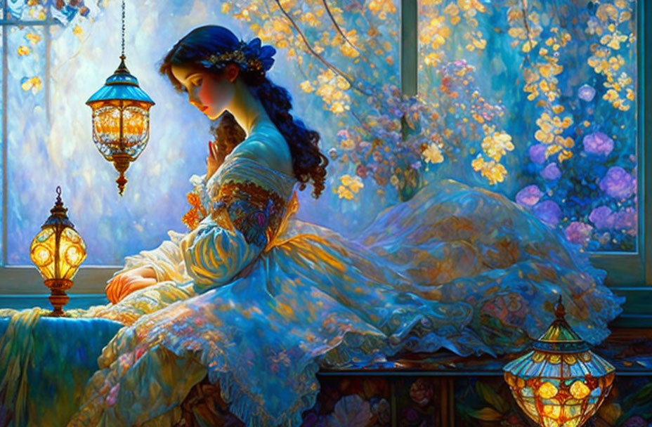 Woman in Blue Gown Contemplating by Window with Flowers and Lanterns