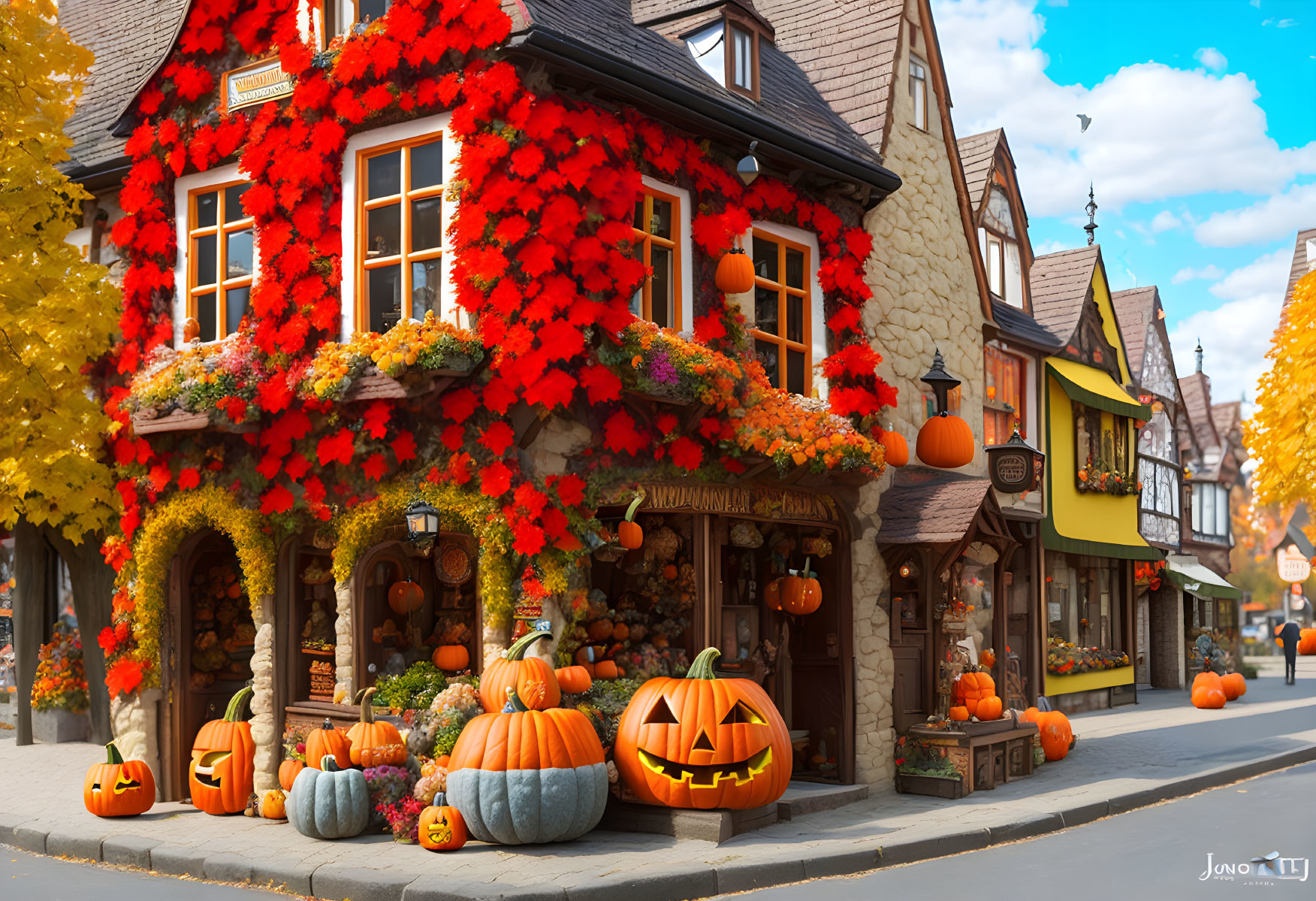 Charming Halloween-themed shop with autumn foliage and pumpkins on cobblestoned street