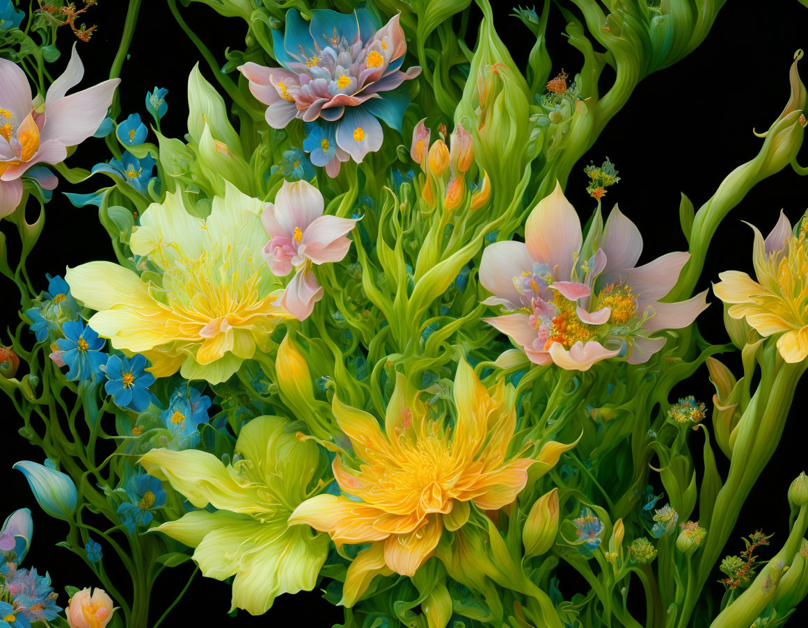 Colorful floral arrangement on black background: yellow, pink, blue flowers & lush greenery blend in