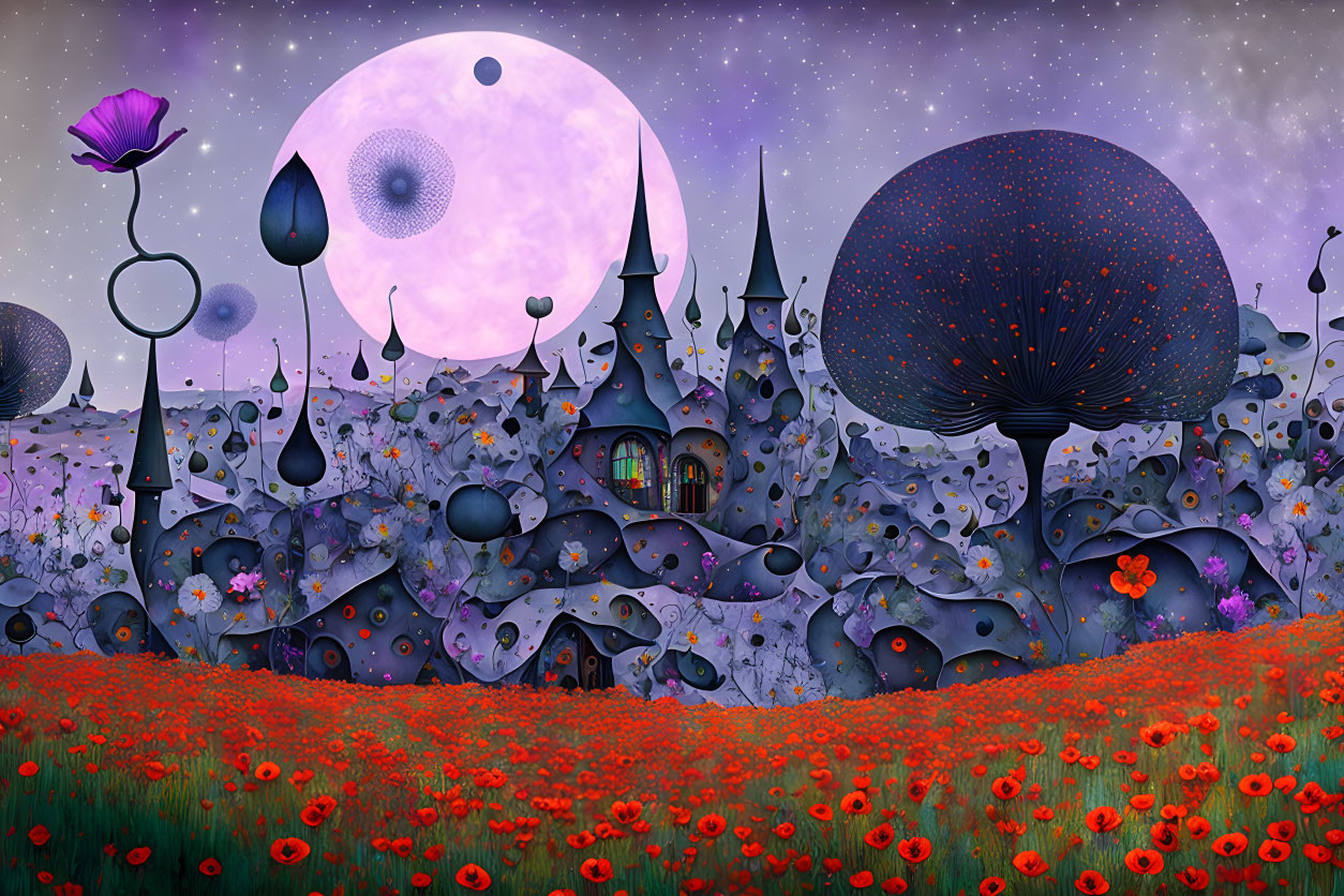 Fantasy night scene: large moon, whimsical architecture, oversized flowers, floating orbs, red pop