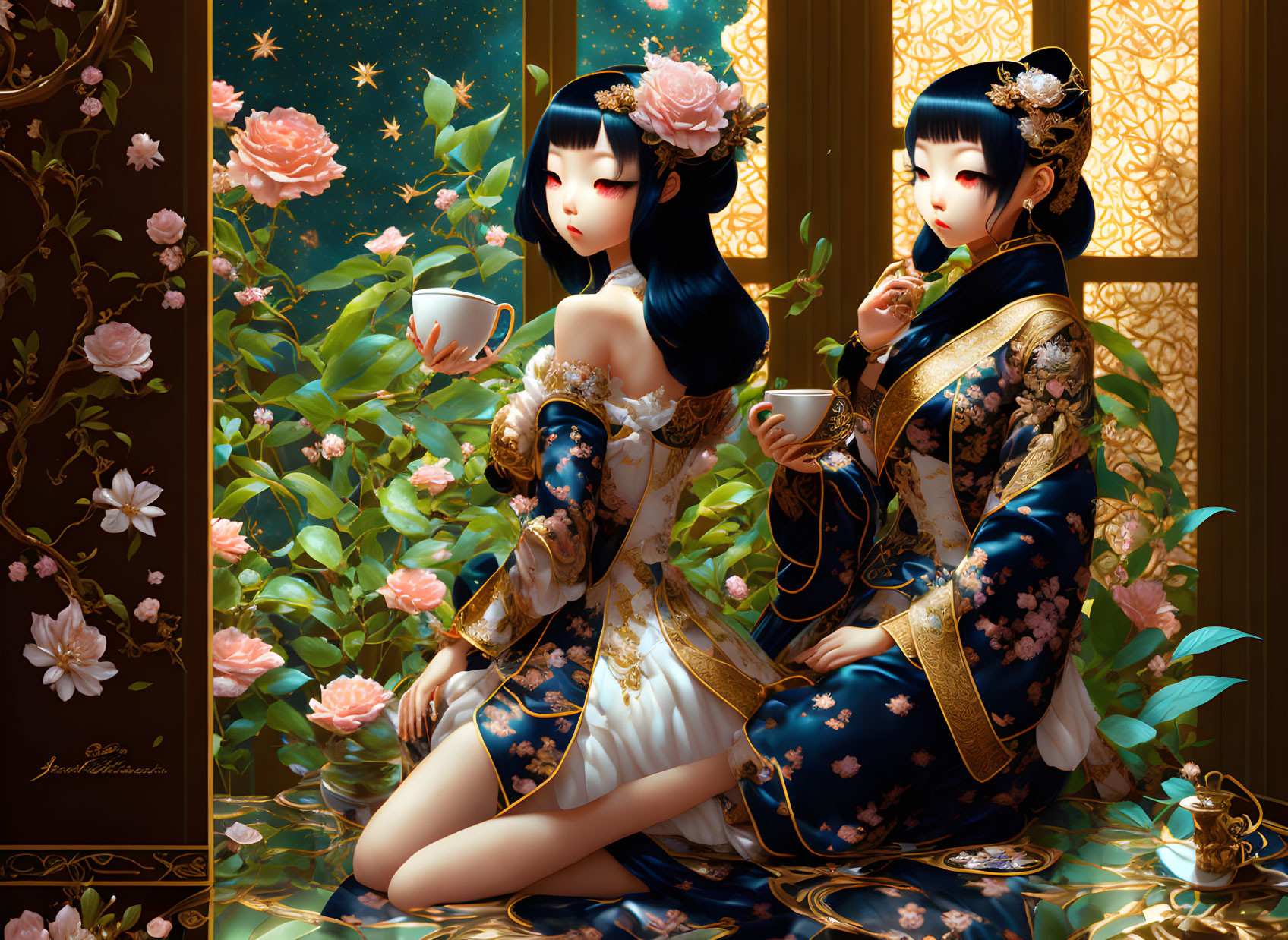 Stylized female figures in traditional Asian attire with tea and floral headpieces