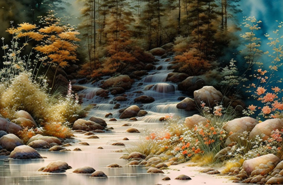 Tranquil woodland stream with rocks, cascades, and autumn foliage