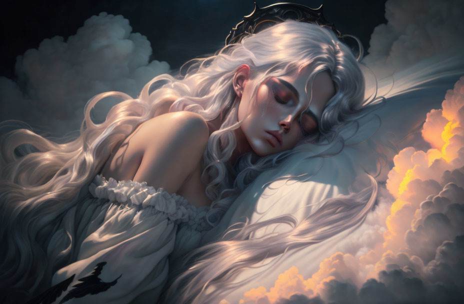 Serene woman sleeping in soft clouds with warm light.