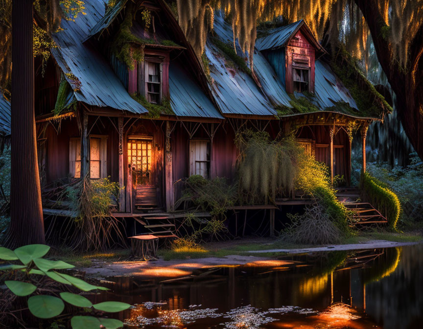 Eerie wooden house illuminated by twilight near tranquil pond