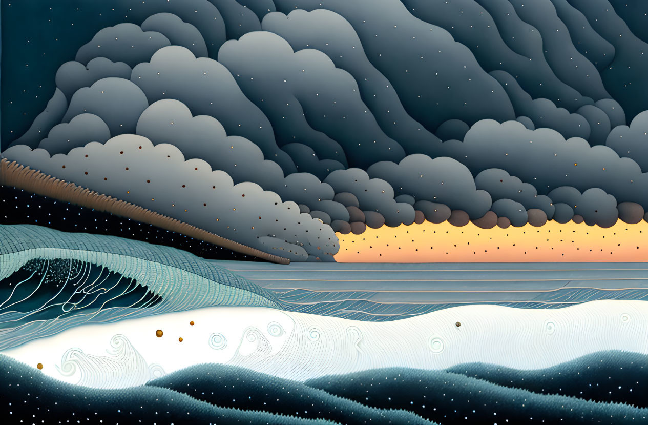 Layered clouds and blue waves in a seascape with glowing horizon and falling snow or stars.