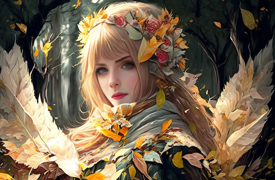 Digital painting: Woman with floral wreath and autumn leaves - fairy tale ambiance