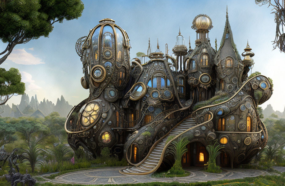 Steampunk-style mansion with clock elements in lush landscape